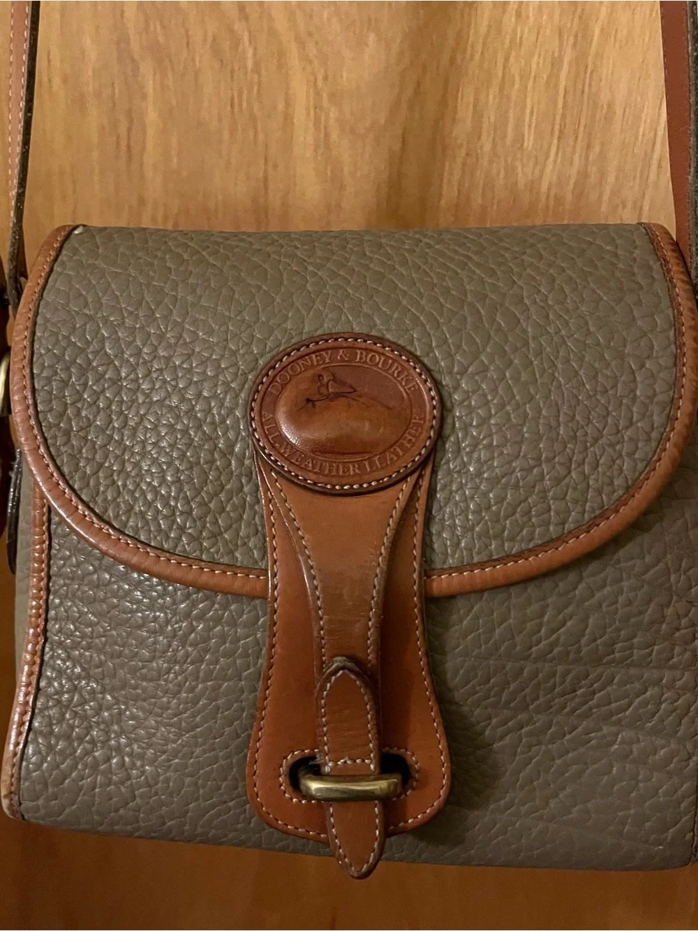 Vintage Dooney & Bourke Pebbled Leather Crossbody Bag in Taupe and Brown - Picture 2 of 10